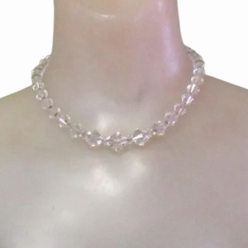 Vintage Clear Crystal Bicone Graduated Bead Strand 16" Necklace‎ Clasp Deco 20's